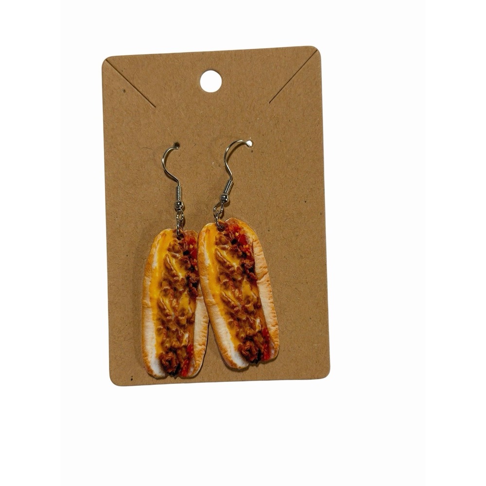 Handmade Chili Cheese Dog‎ Novelty Dangle Earrings Foodie Jewelry Brown Yellow